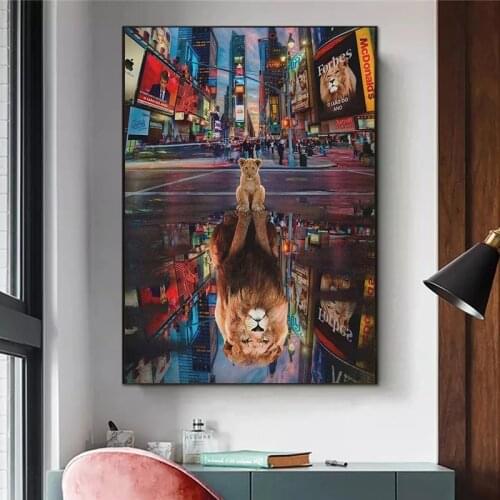 Abstract Lion In City Center Canvas Painting Landscape and Animal Posters and Prints Wall Art Picture for Living Room Home Decor