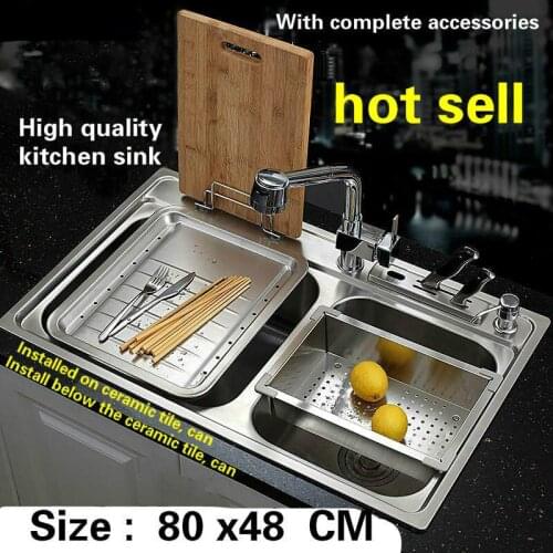 Free shipping Luxurious kitchen sink 0.8 mm thick food grade 304 stainless steel large double groove hot sell 800x480 MM