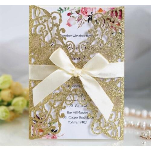 Glittery Gold Lace Laser Cut Invitation Card Wedding Birthday Party Invites 50 Sets Customized Printable