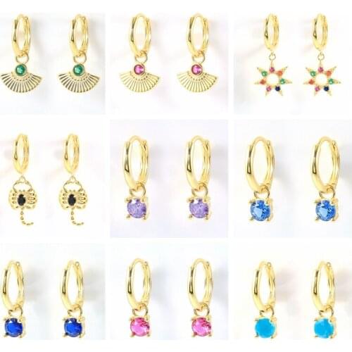 BOAKO 925 Sterling Silver Fan Shape Pendant Dangle Earrings For Women Rainbow Zircon Charm Circle Drop Earrings Pendiente Jewel