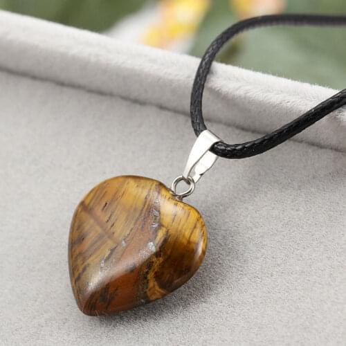Black Leather Chain Tiger Eye Heart Natural Stone Quartz For Women Men Jewelry Pendant Necklace Party Choker Charms Gifts