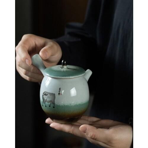 Japanese-Style Kiln Baked Stone Celadon Glaze Side Handle Pot Domestic Ceramic Kung Fu Tea Set Small Single Teapot Tea Kettle