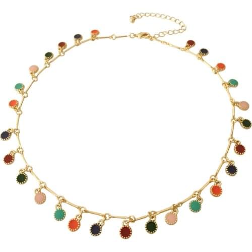 Elegant Gold Color Plating Multi Colored Small Round Disc Charm Dangle Statement Necklace For Women Daily Office Decoration