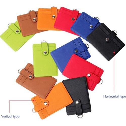 Leather ID Badge Holder, Vertical / Horizontal ID Badge Holder with 1 Clear ID Window & 2 Credit Card Slot, Retractable Lanyard