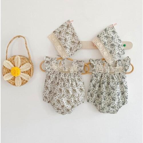 Lace Princess Infant Romper Summer Girl Backless Leaf Flying Sleeve Newborn Baby Clothes Cotton Toddler Outfits With Hats 2pcs