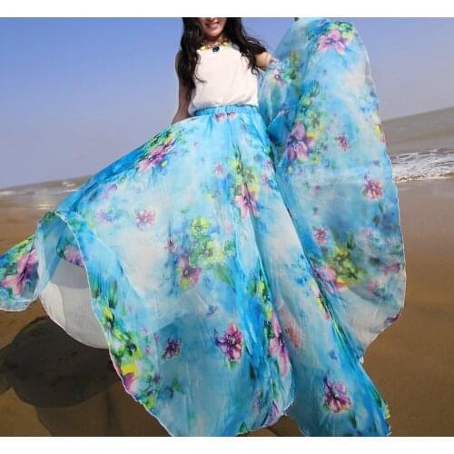 Summer Womens Lightweight Chiffon Floral Print Elasticated Waist Maxi Skirt Beach Wear