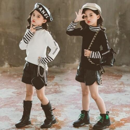 Menoea Kids Girls Clothes Sets Striped Long-sleeve Sweater + Leather Shorts 2pcs Suits for Children Teenager Autumn Outfits 3-8Y
