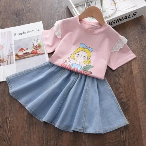 Menoea Baby Girls Clothing Sets 2021 New Summer Cartoon Print Lace T-shirt And Denim Skirt Outfits Children Casual Suits 2-6Y