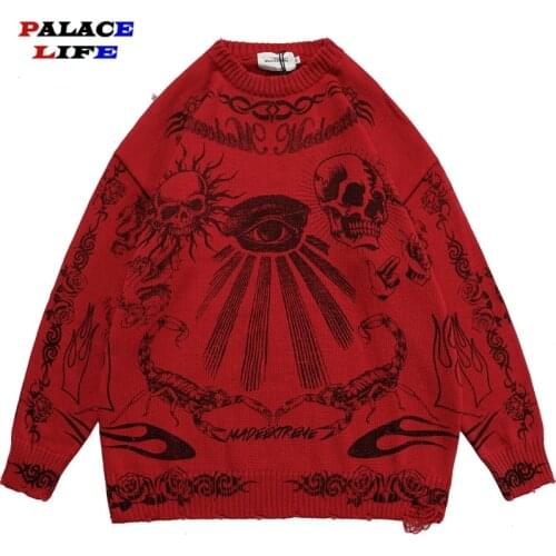 Oversized Sweater Men Women Harajuku Skull Graffiti Retro Vintage Knitted Sweater Unisex Cotton Pullover 2021 Autumn And Winter