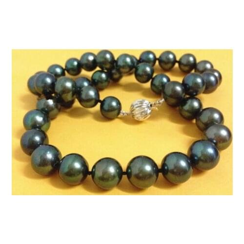 AAA 9-10 mm natural round tahitian green pearl necklace 18 "
