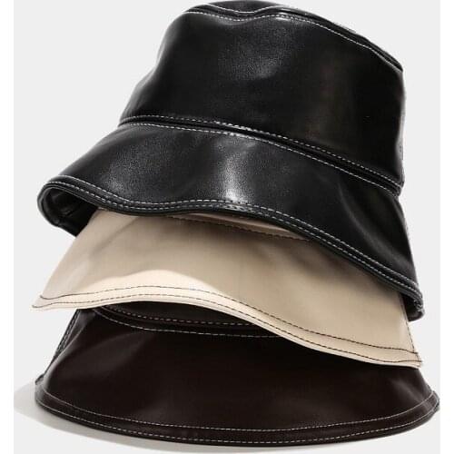 New Winter British style retro line PU leather bucket hat Big brim Fisherman Hat Womens Japanese classic basin hat outdoor hat