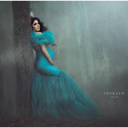 Off The Shouler Ruffles Tulle Mermaid Maternity Dresses Photo-shoot Pretty Blue Pregnancy Robes Stretchable Spandex Dress