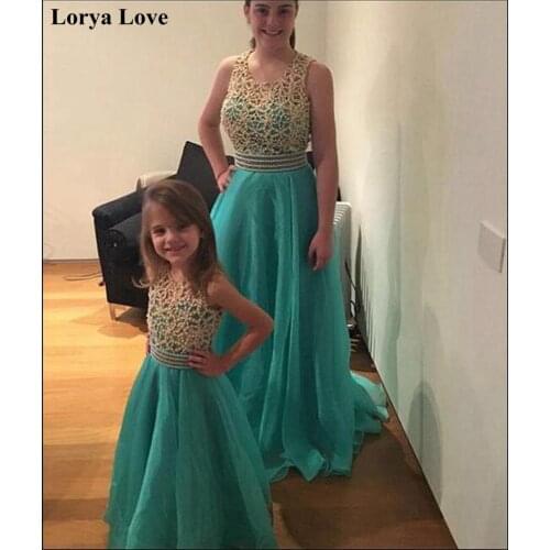Mint Green Prom Dresses 2020 Mother And Daughter Evening Gowns Formal Party Night Elegant Tulle Beading Pearls Robe De Soiree