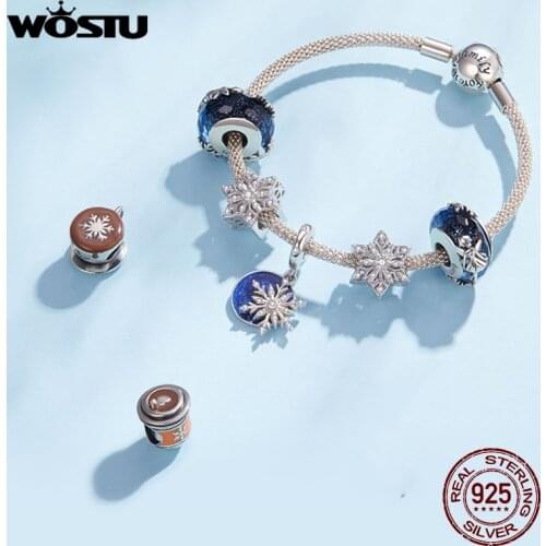 WOSTU 100% 925 Sterling Silver Snowflakes Fairy Charm Coffee Cup Bead Pendant Fit Original Bracelet Necklace Winter Jewelry Gift