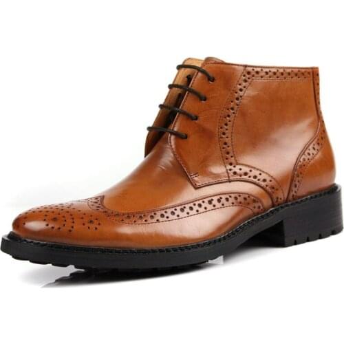 Luxury Business Men Ankle Boots Retro Brogue Genuine Leather Office Work Lace Up Wing Tip Safety Shoe Male Formal Party Botas
