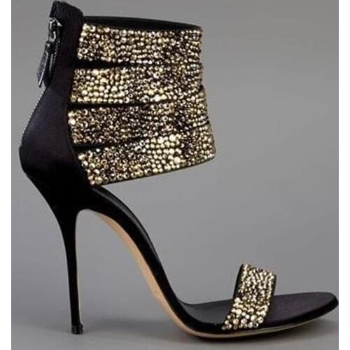 Summer Hot Sale Women Fashion Open Toe Bling Bling Gold Sliver Strap High Heel Sandals Ankle Wrap Gladiator Sandals Dress Shoes