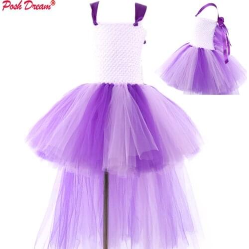 POSH DREAM Fashion Unicorn Girls Flower Party Tutu Dresses with Train Tulle Purple Pink Brief Princess Children Kids Clothes