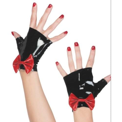 Cute sexy exotic lingeire club wear unisex women men black latex with bow-knot half palm short gloves costumes fetish uniform