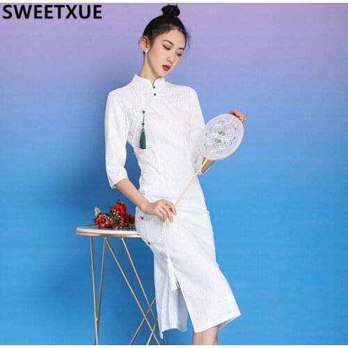 SWEETXUE Spring And Autumn Cheongsam Modern Young Girl Lace Dress Womens Elegant Temperament Half Sleeve Long Simple Dress