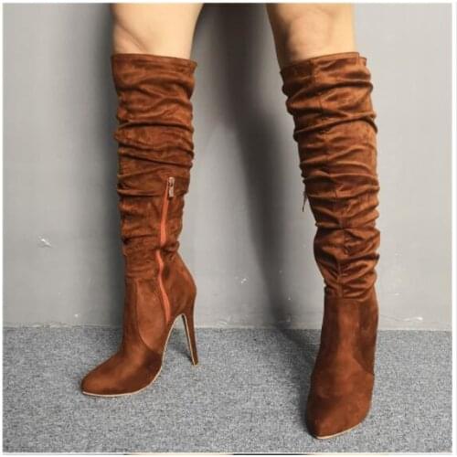Size 33-52 Genuine Leather Pleated women boots stiletto High heels pointed toe ladies shoes winter solid color knee high boots