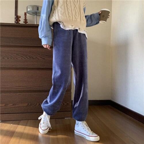 Herstory 2021 Women Autumn Casual Big Size Sold Corduroy Pants Female Winter Loose High Waist Leggings Lady Solid Trousers