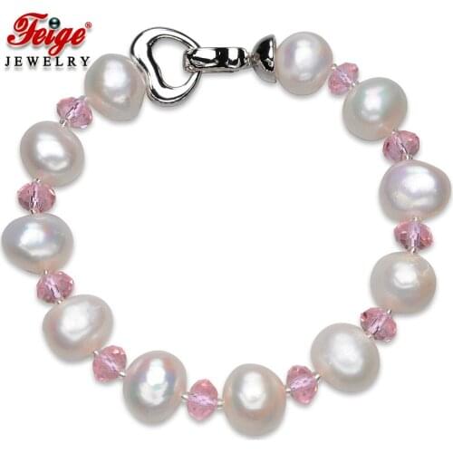 FEIGE Trendy style 10-11MM White Natural Freshwater Pearl Jewelry Bead Bracelet For Women Pink Crystal Pulsera De Las Mujeres