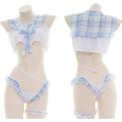 Anime Lolita Girl Blue Plaid Maid Bikini Swimsuit Costumes Summer Student Cute Swimwear Uniform Set Pool Party Cosplay