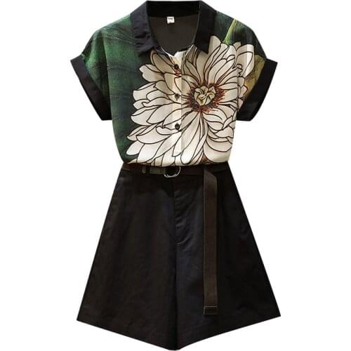 Plus Size Suit Women Summer Casual 2 Piece Set Vintage Print Ladies Nice Short Sleeved+Shorts Pants Suits Female Two Piece Set
