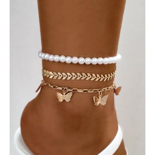 Bohemian Multilayer Metal Chain Anklets For Women Simple Gold Color Butterfly Pearl Ankle Chain Anklet Bracelet Beach Jewelry