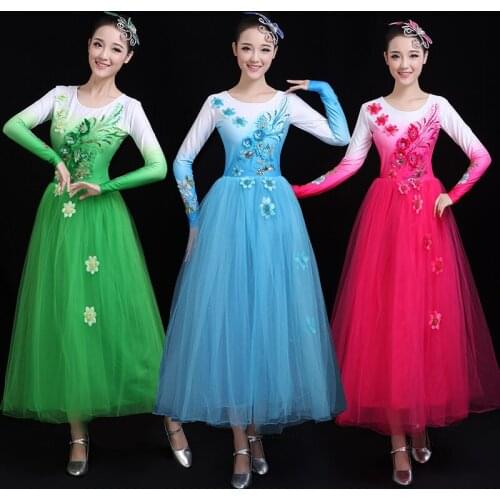 H2608 Women Dance Dress Chinese Folk Dance Big Swing Long Sleeve Costumes Female Adult Square Dancing Performance Practice Wear