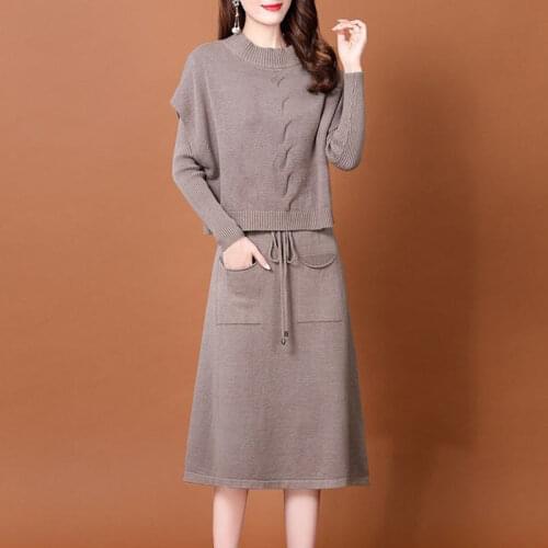 2021 Spring Woman Temperament Long Sleeve Knitted Dress Female Slim O Neck Thin Sets Ladies Elegant Solid Color 2 Piece Set Q92