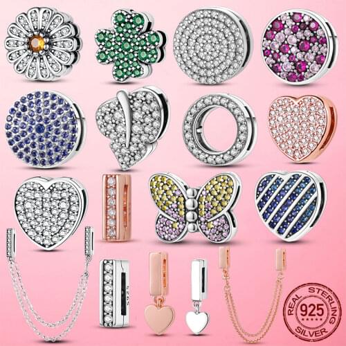 Hot Sale 925 Sterling Silver Lucky Beads Pave Four-Leaf Clover Clip Charm fit Original Pandora Reflexions Bracelets Jewelry