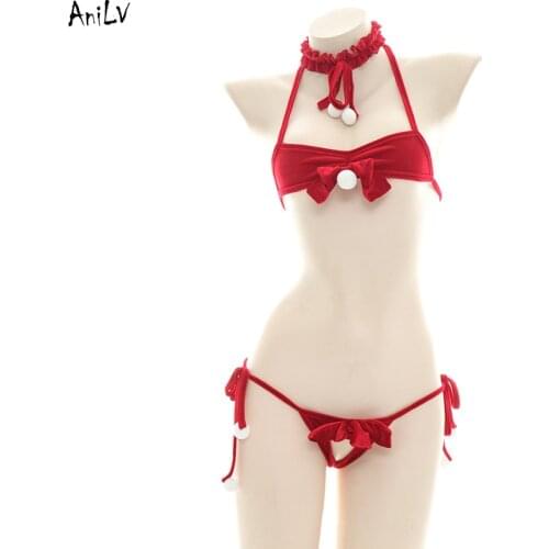 AniLV Christmas Girl red Bikini Swimsuit Costumes Summer Pool Party Halter Back Lacing Swimwear Uniform Set Cosplay