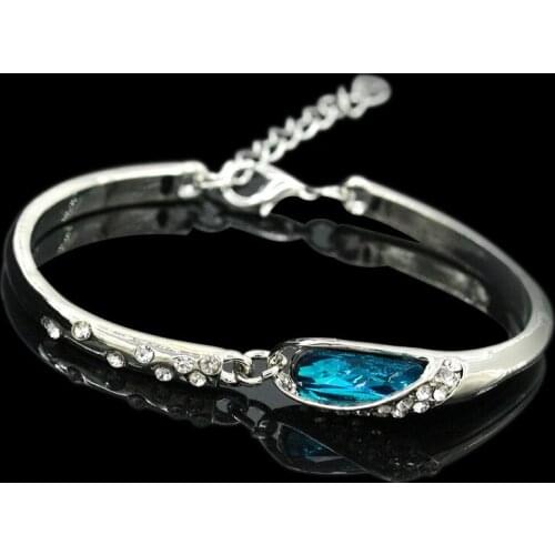 Shiny Bright Blue White Water Drip Crystal Double Parts Linked Short Chain Adjustable Silver Plated Bracelets & Bangles Women