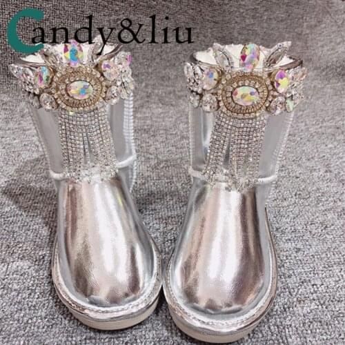 New leather mirror waterproof velvet warm cotton shoes water drill tassel fashion boots