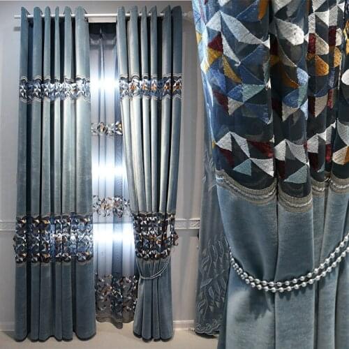 European Luxury Living Room Curtain Blue Chenille Hollow Flannel Embroidery Curtain Bedroom Decoration Shading Curtain