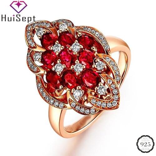 HuiSept Trendy 925 Silver Women Ring Oval Ruby Zircon Gemstone Fashion Jewellery Rose Gold Open Rings Ornament Wedding Wholesale