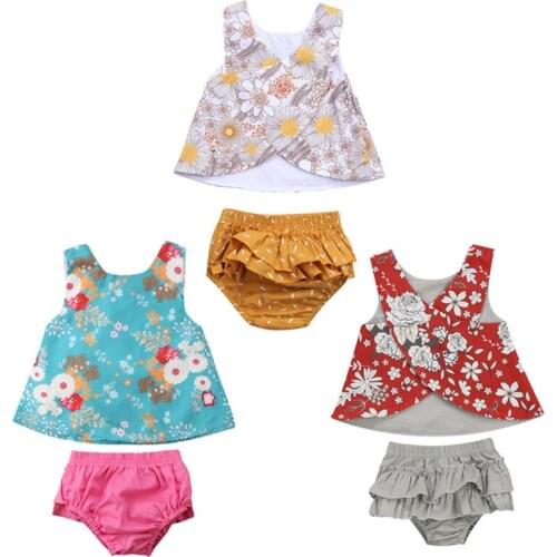 Pudcoco US Stock Infant Baby Girls Outfit Clothes Flower Vest Top T-shirt+Ruffle Tutu Shorts Triangle Short Pants 2Pcs Set