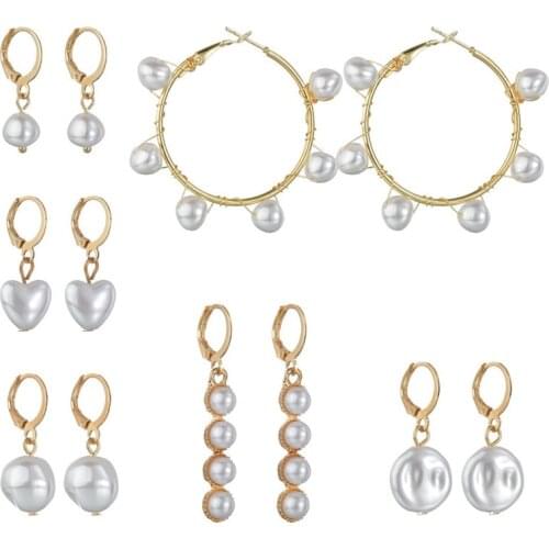 Korea Design Metal Gold Geometric Irregular Heart Circle Bead Simulation Pearl Dangle Earrings for Women Girl Gift