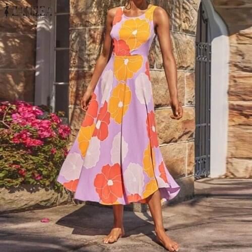 2021 ZANZEA Summer Elegant Flower Sundress Women Sleeveless Bohemian Floral Printed Dress Femme Robe Holiday Beach Midi Vestidos