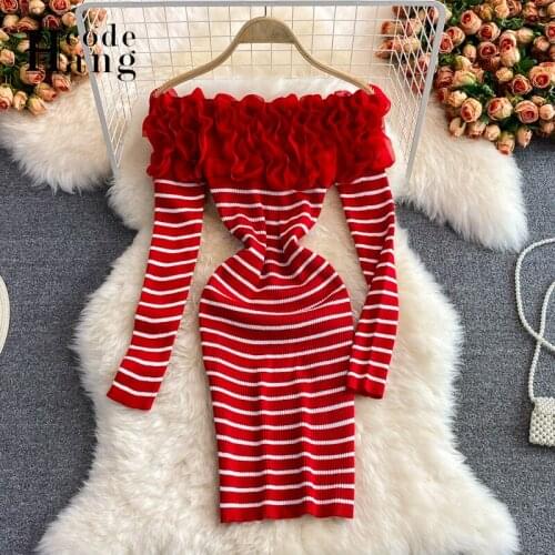 HangCode Fashion Elegant Flowers Female Mini Dress Autumn Off Shoulder Party Birthday Festivals Sexy Party Bodycon Knit Dress