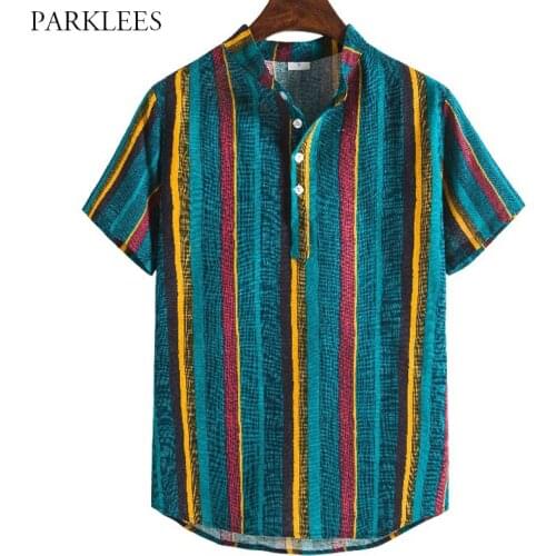 Colorful Rainbow Striped Printed Mens Summer Shirt 2020 Funny Graffiti Shirts for Men Casual Stand Collar Men Short Sleeve Shirt