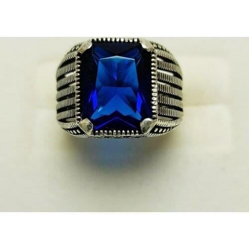 Turkish handmade 925K sterling silver jewelrt square blue zircon mens ring all size