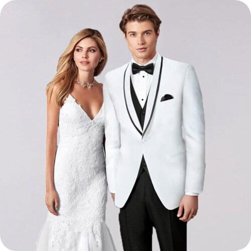 White Slim Fit Wedding Suits for Men Custom Made Groom Tuxedos Shawl Lapel Male Blazers 3Piece Jacket Pants Vest Groomsmen Suit