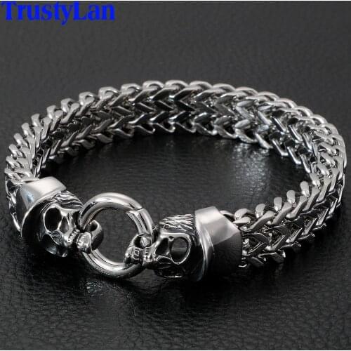 Gothic Double Skull Head Men Bracelet Male Chain Link Stainless Steel Mens Bangle Bracelets Friendship Jewelry Gifts For Husband