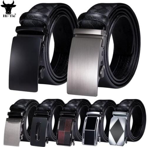 Hi-Tie 41 Pattern Formal Automatic Buckles Mens Belts Black Leather Men Belt Ratchet Waist Straps for Dress Jeans Waistband Gift
