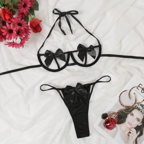 New Lovely Princess Style Sexy Lace Halter Lingerie Cute Bow Underwear Korean Sweet Sensual Sleepwear Steel Ring Pajamas Garter