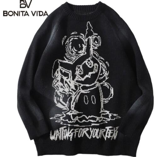 Bonita Vida Oversized Sweater Men Funny Cartoon Graphic Knitted Mens Sweater Casual Harujuku High Street Loose Streetwear