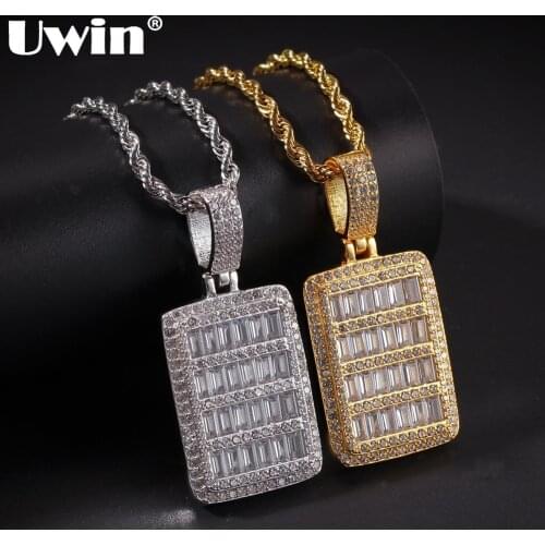 UWIN Hiphop Dog Tag Pendant & Chain Full Iced Out Cubic Zirconia Bling Bling Gold Color Necklace Women Men Fashion Jewelry