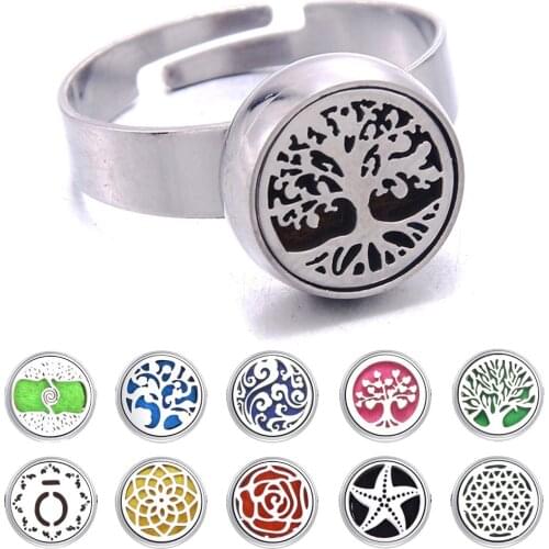 Adjustable Stainless Steel Aromatherapy Ring Tree of Life Perfume Diffuser for Men Women Ring Fashion Jewelry Creative Design